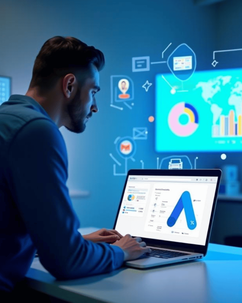 Marketing expert analyzing a Google Ads dashboard with PPC campaign performance charts and lead generation data.