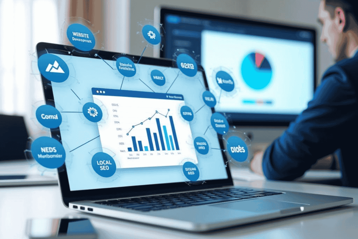 A digital marketing strategist analyzing a business growth dashboard with icons representing website development, SEO, local SEO, and social media ads.