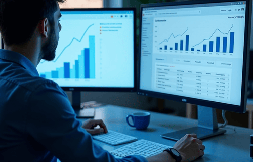 Marketing expert analyzing a Google Ads dashboard with PPC campaign performance charts and lead generation data.