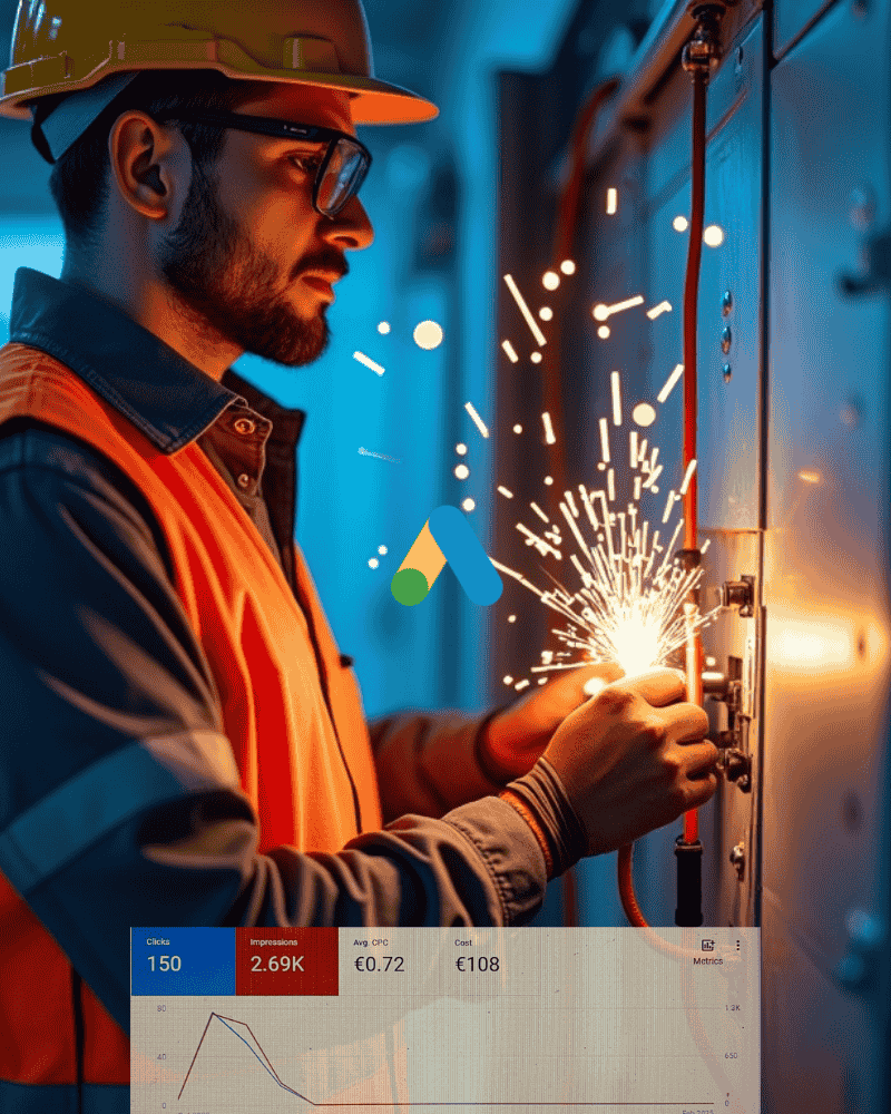 Electrician working on a panel with Google Ads logo and PPC chart overlay, representing targeted advertising for electricians.